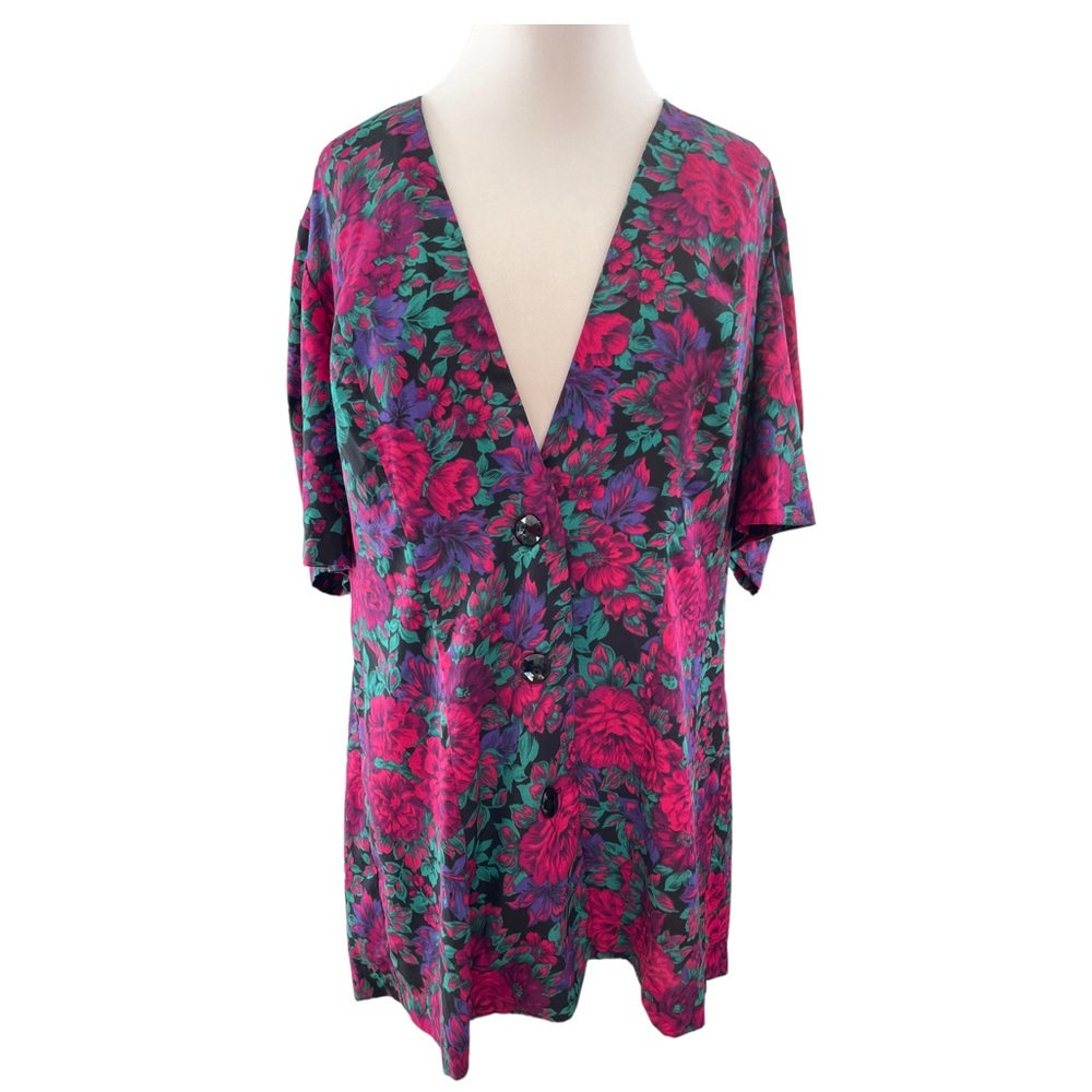 Vintage 80s 90s Bright Floral Lightweight Shortsleeved Oversized Blazer Size 16W